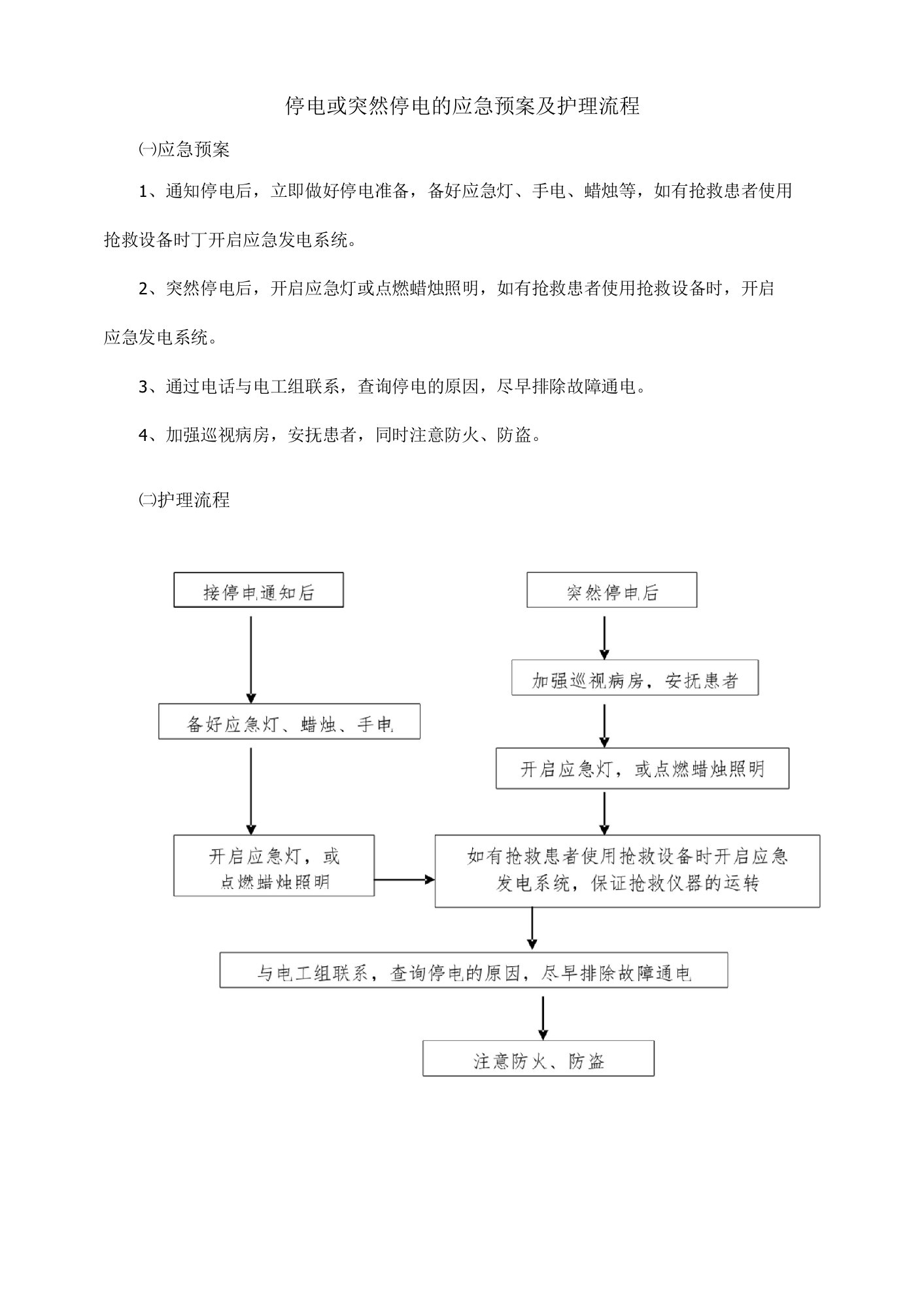 停电或突然停电的应急预案及护理流程