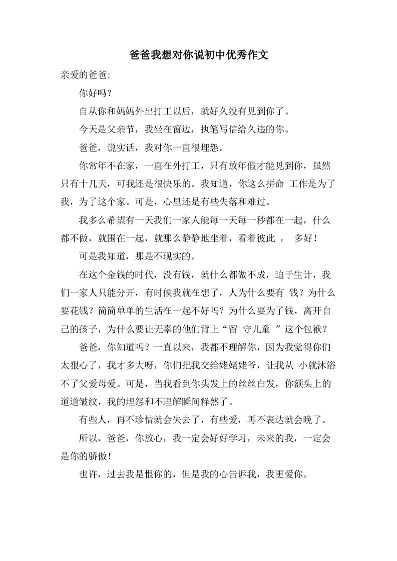 爸爸我想对你说初中作文2