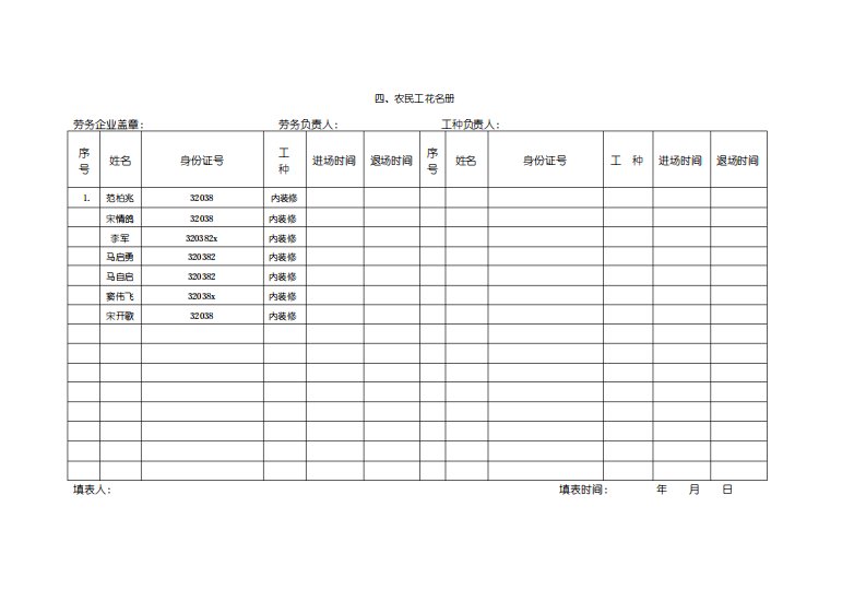 农民工考勤表