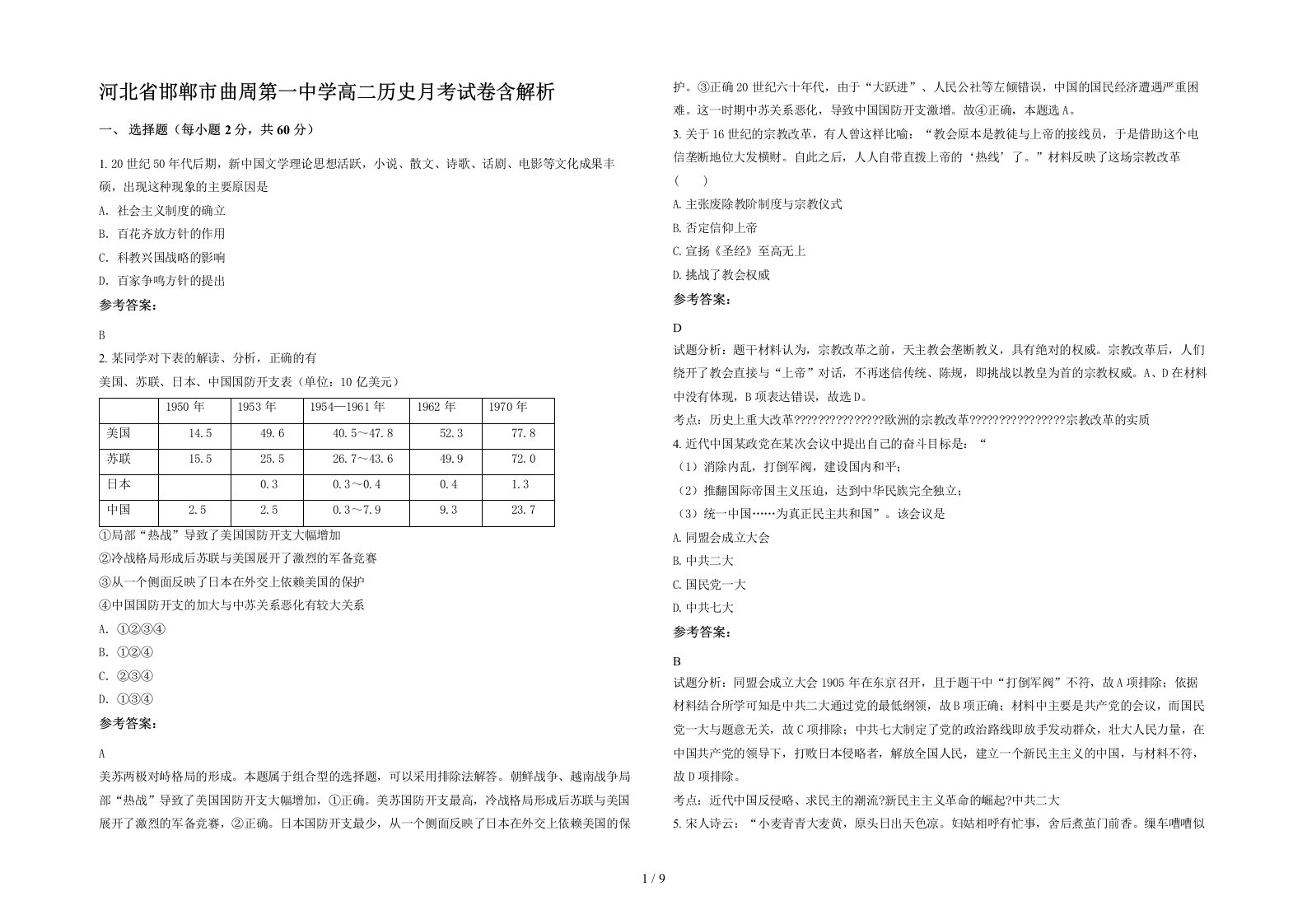 河北省邯郸市曲周第一中学高二历史月考试卷含解析