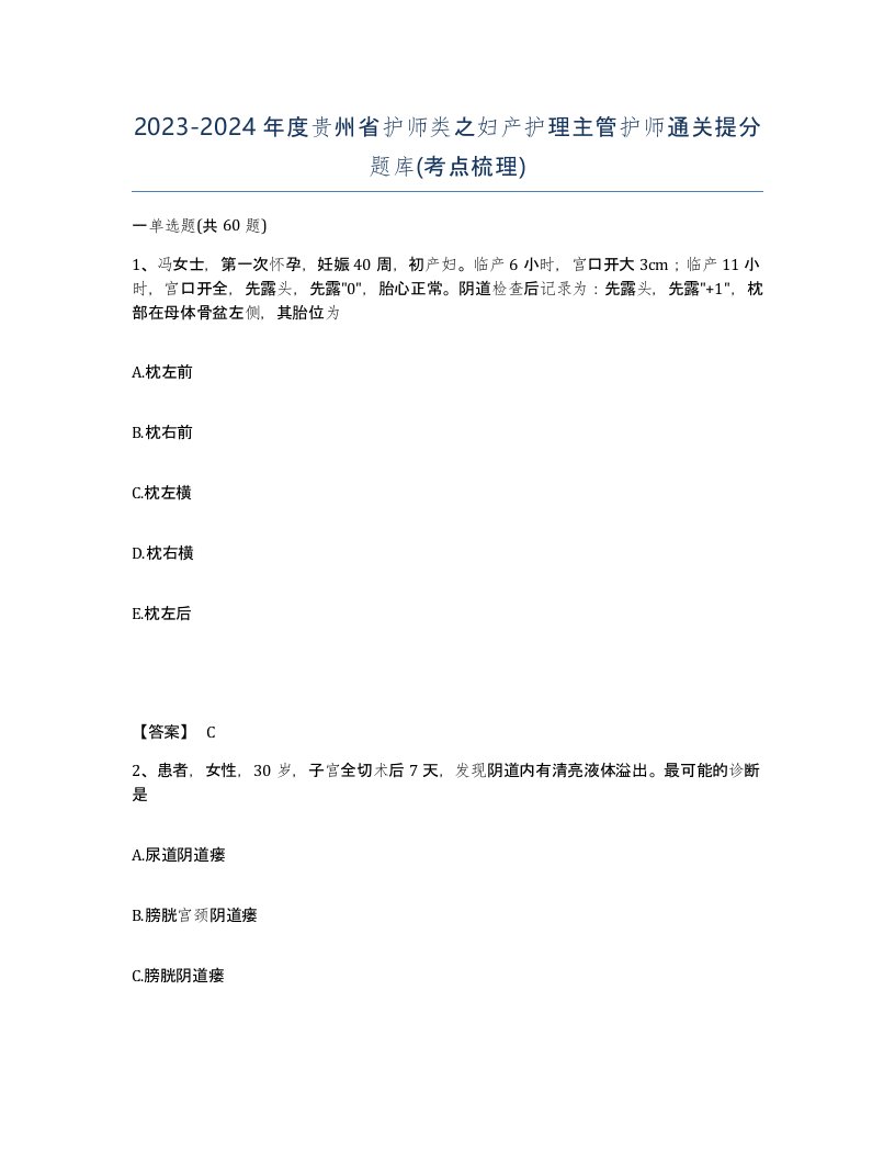 2023-2024年度贵州省护师类之妇产护理主管护师通关提分题库考点梳理