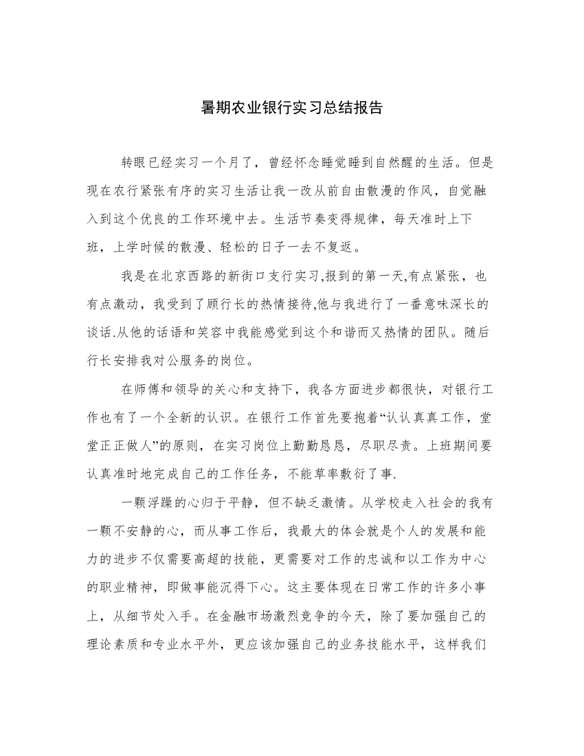 暑期农业银行实习总结报告