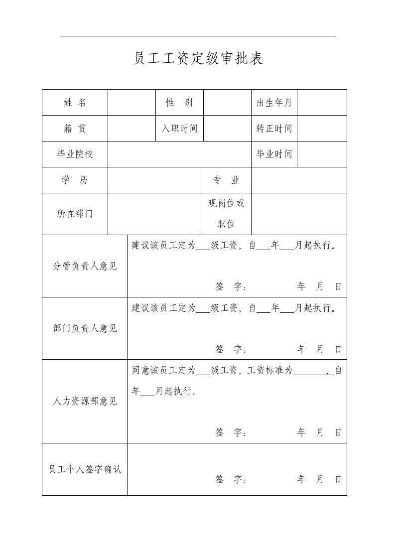 员工工资定级审批表