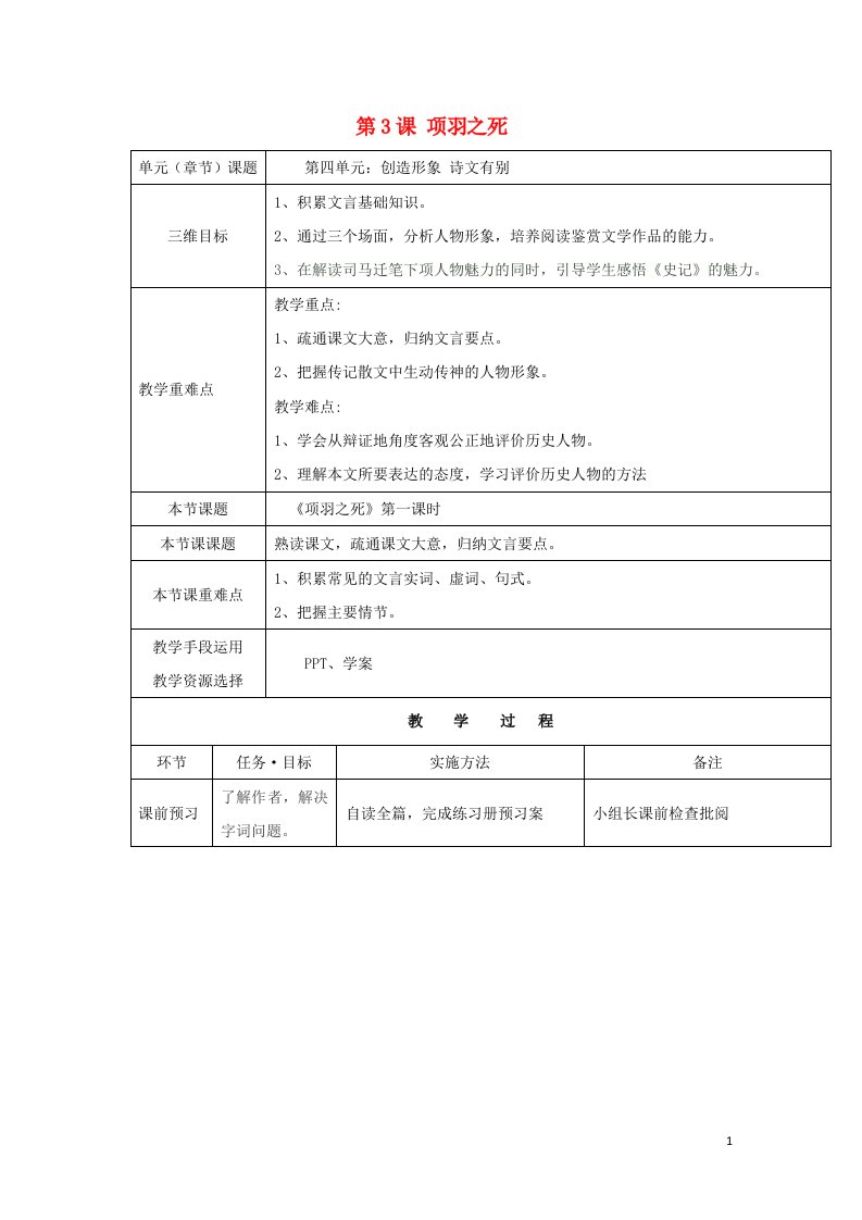 陕西省安康市石泉县高中语文第四单元创造形象诗文有别第3课项羽之死教案3新人教版选修中国古代诗歌散文鉴赏