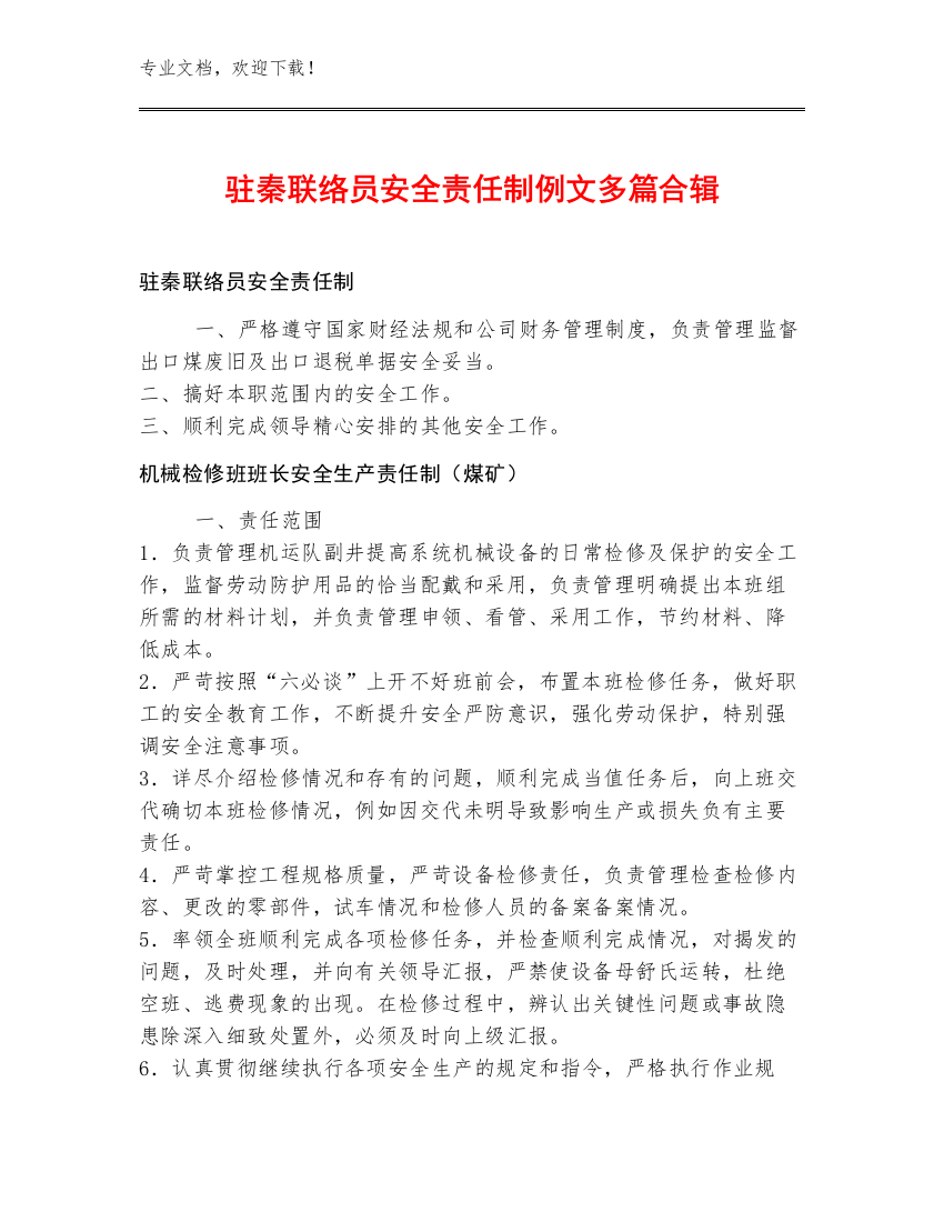 驻秦联络员安全责任制例文多篇合辑