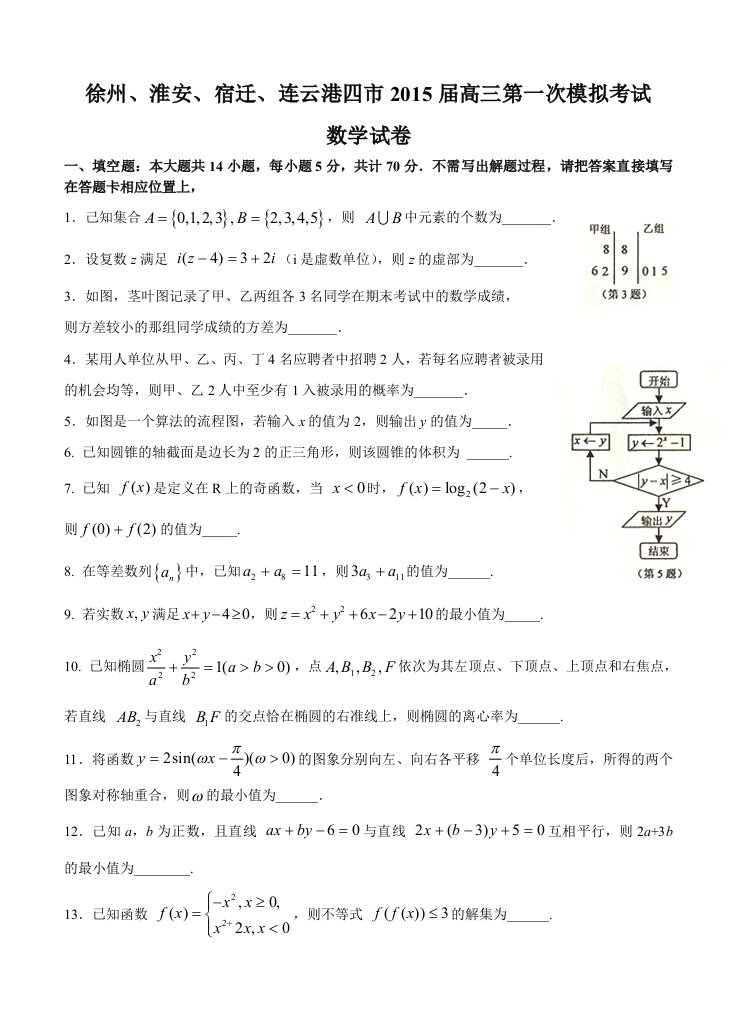 江苏省连云港、徐州、淮安、宿迁四市2015届高三第一次调研考试(一模)数学