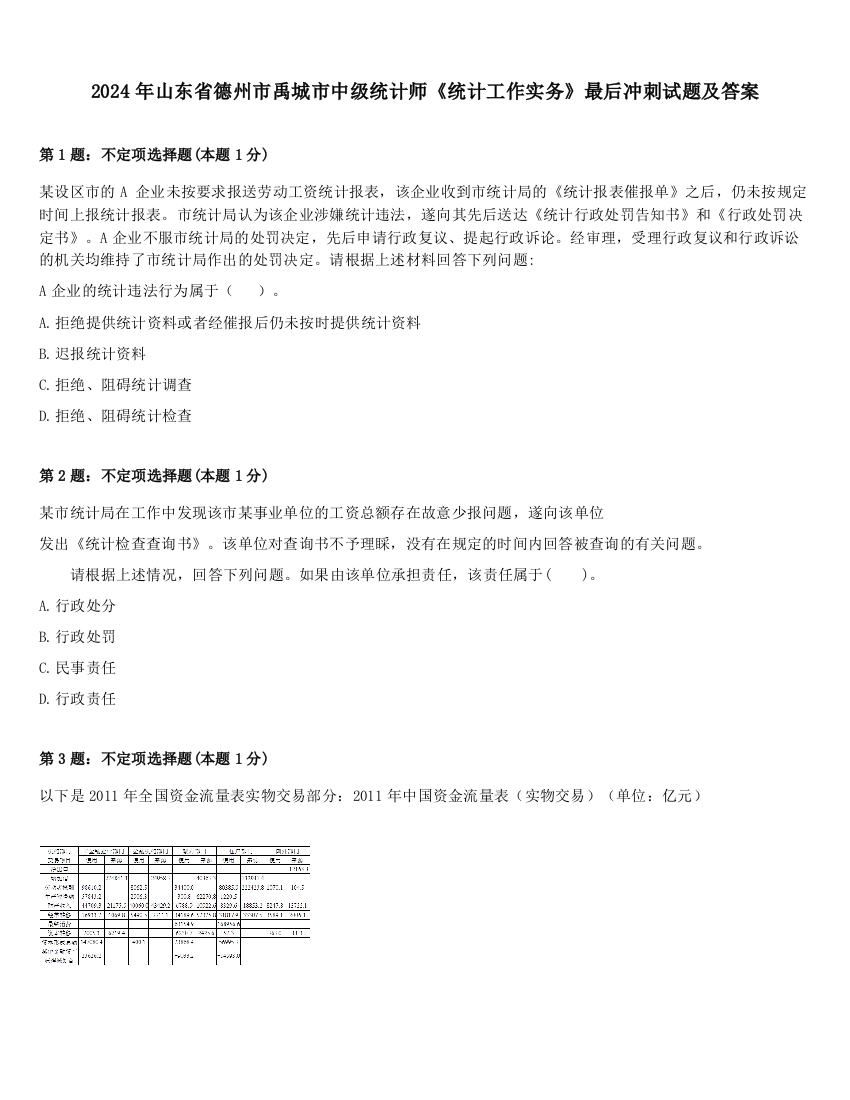 2024年山东省德州市禹城市中级统计师《统计工作实务》最后冲刺试题及答案