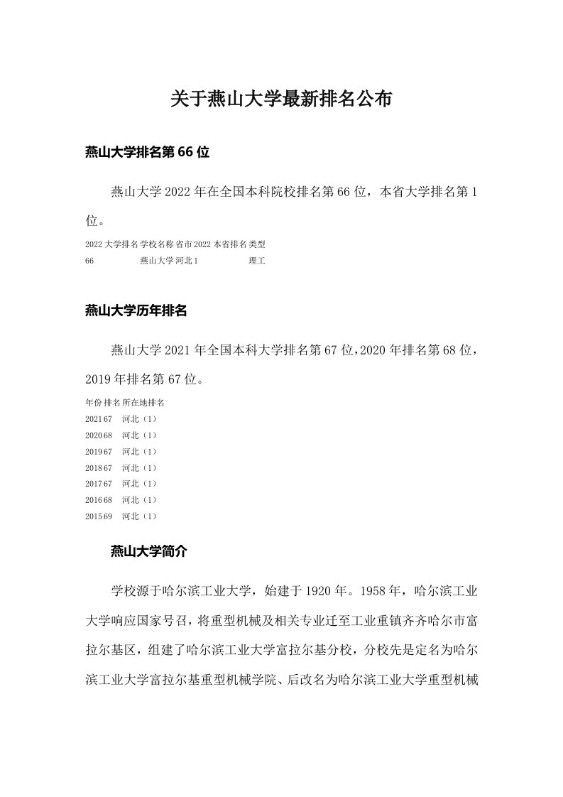 关于燕山大学最新排名公布