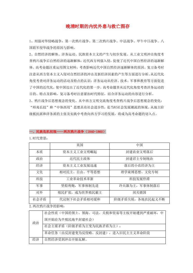 高考历史三轮复习晚清时期的内忧外患与救亡图存讲义