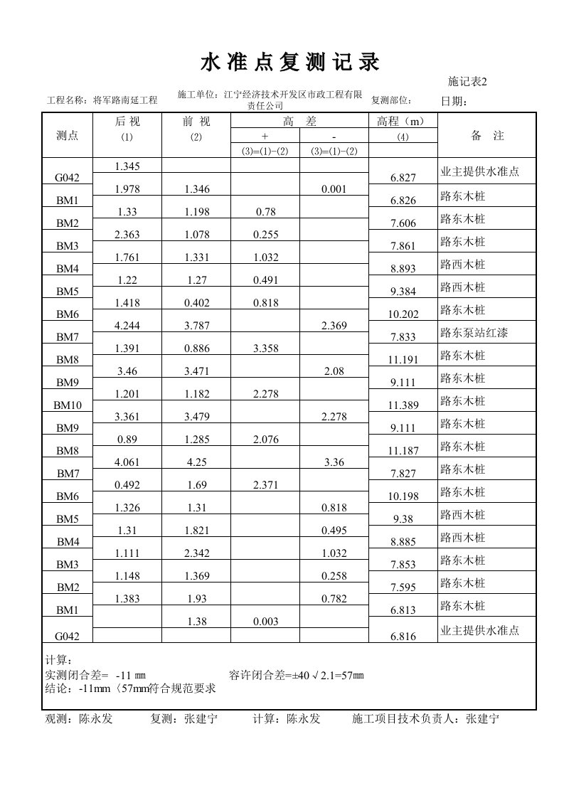 水准点复测记录.施记2.范例