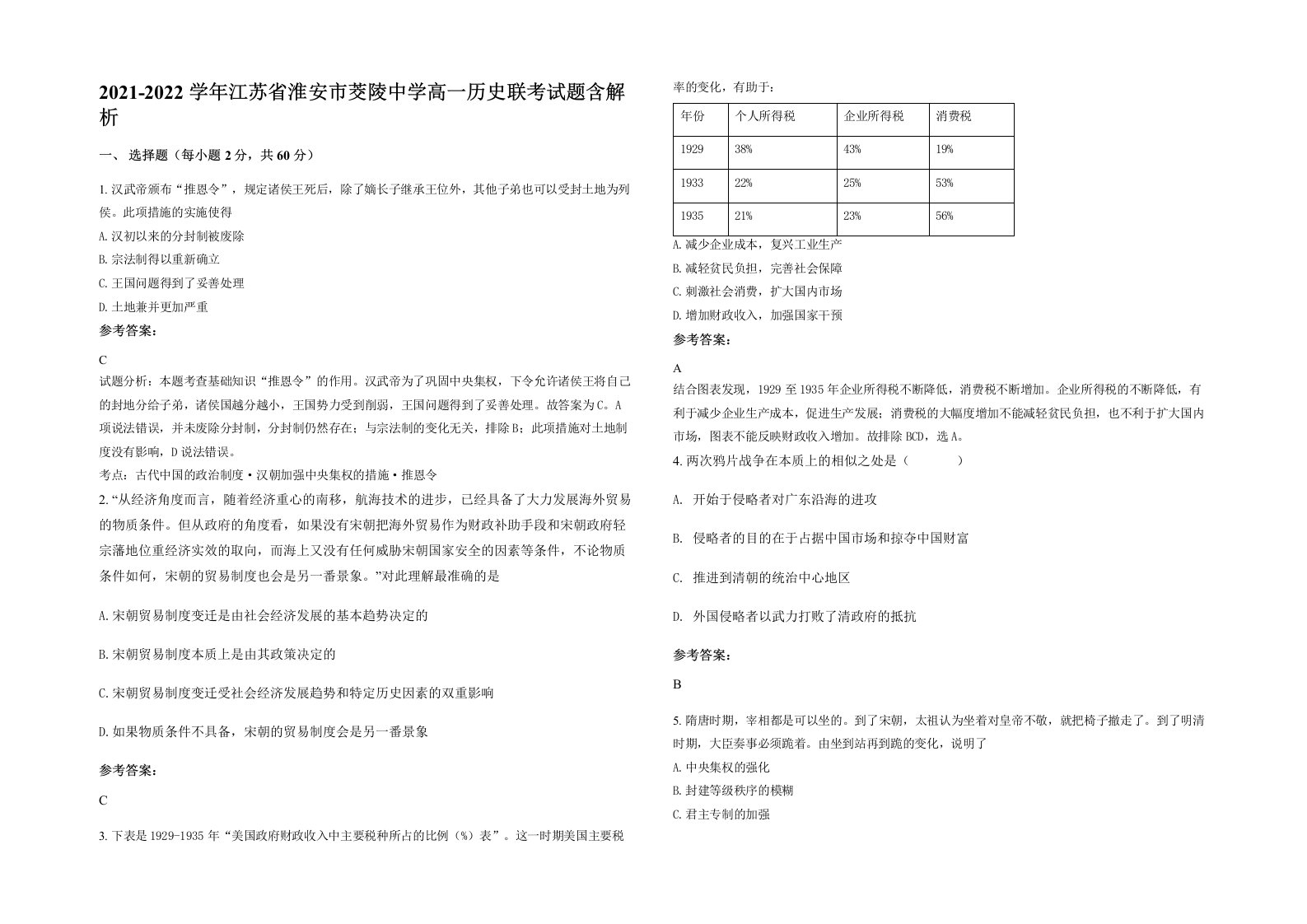 2021-2022学年江苏省淮安市茭陵中学高一历史联考试题含解析