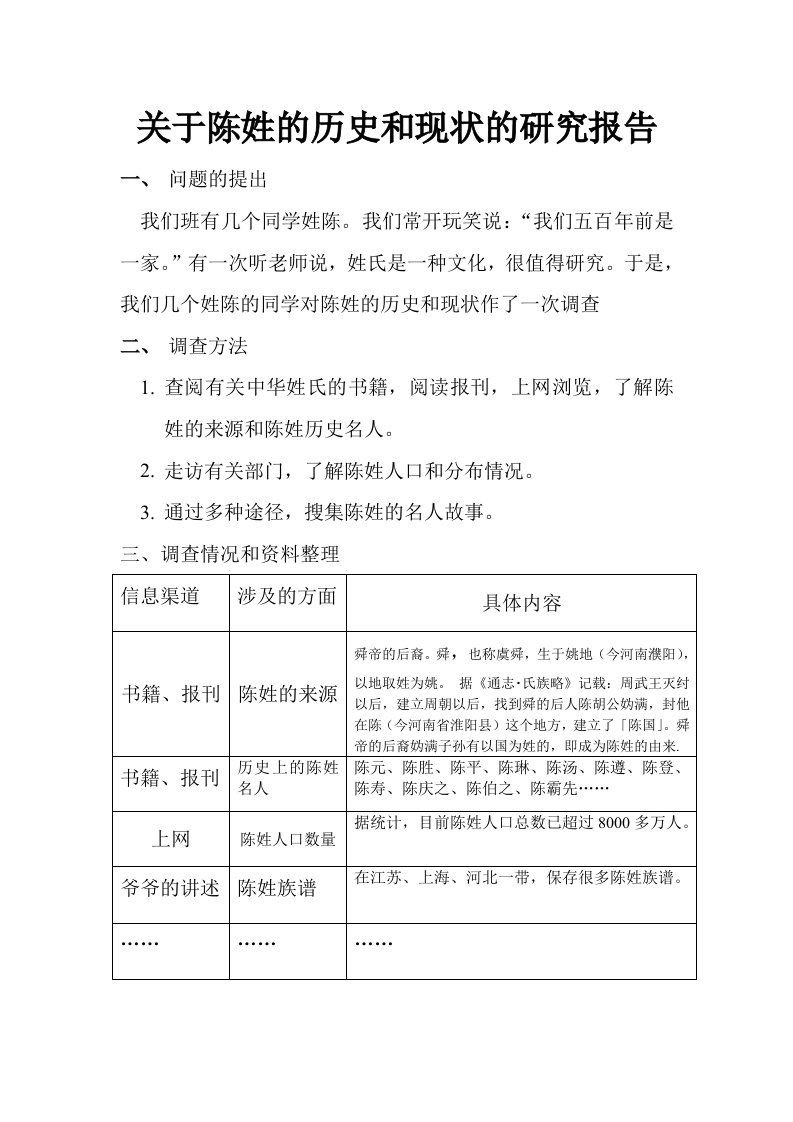 关于陈姓的历史和现状的研究报告