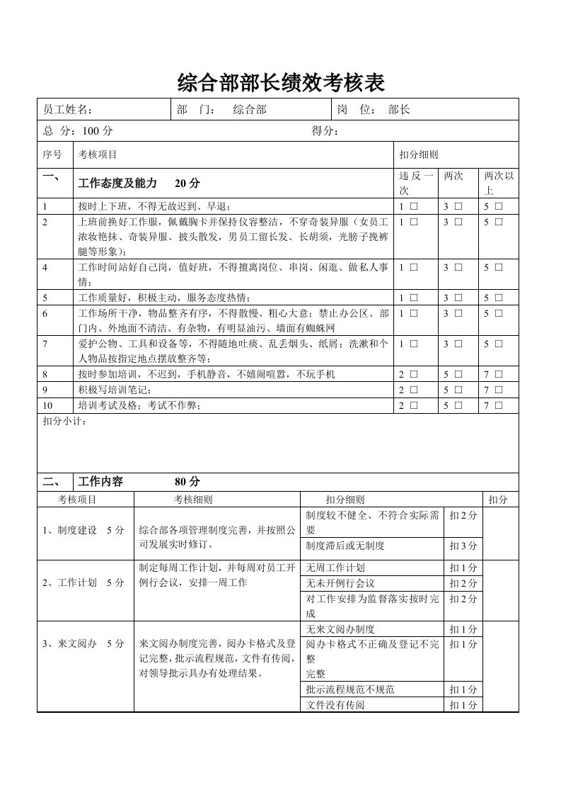 综合部部长绩效考核表