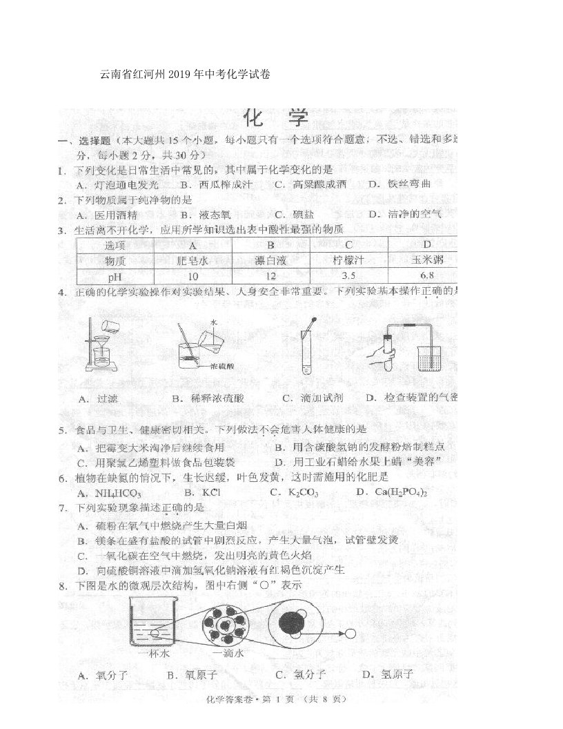 2019年红河州中考化学试卷及答案