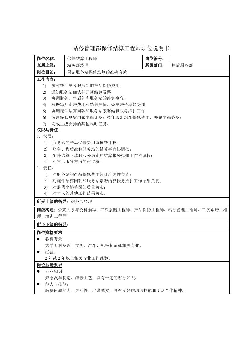 精选站务管理部保修结算工程师职位说明书