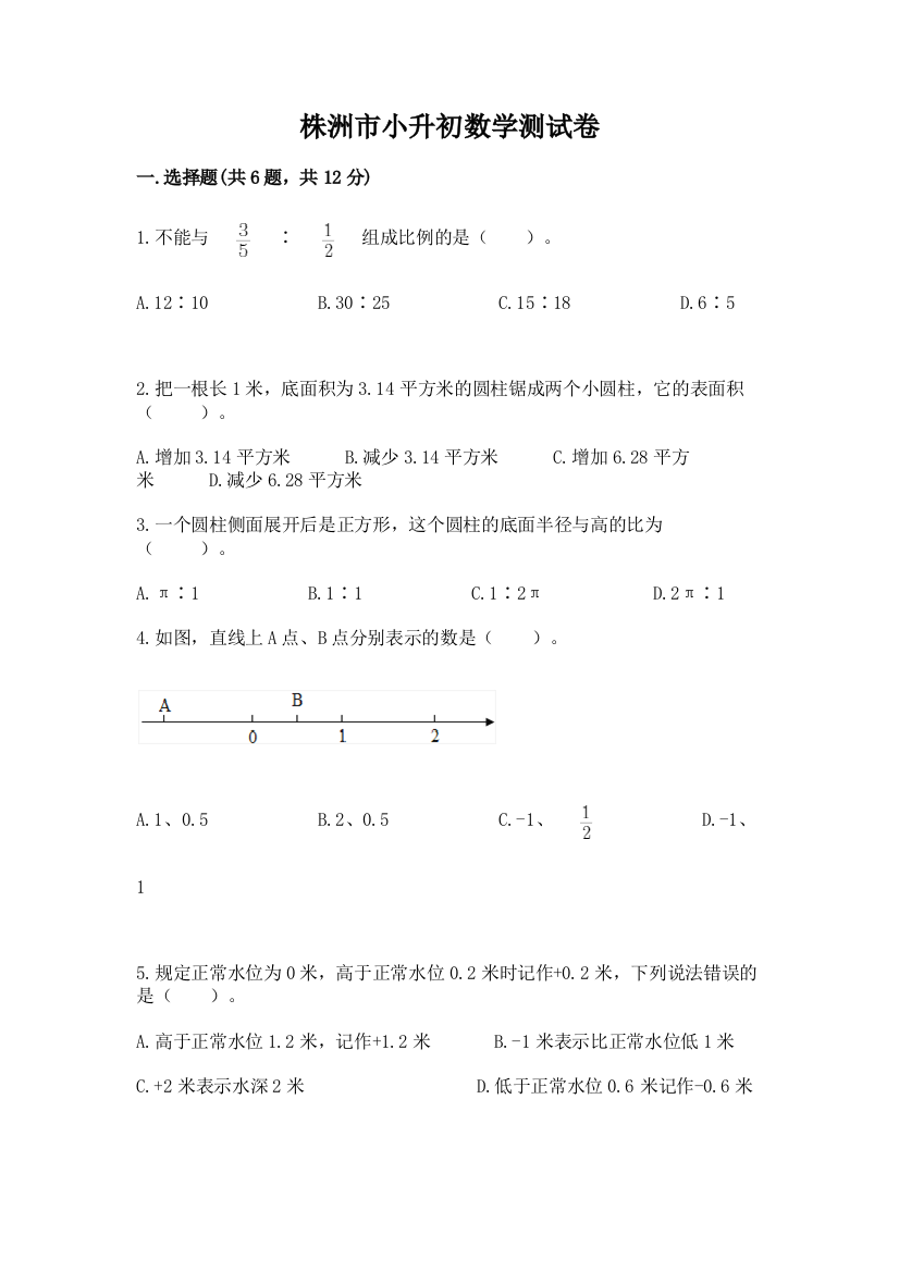 株洲市小升初数学测试卷精品有答案