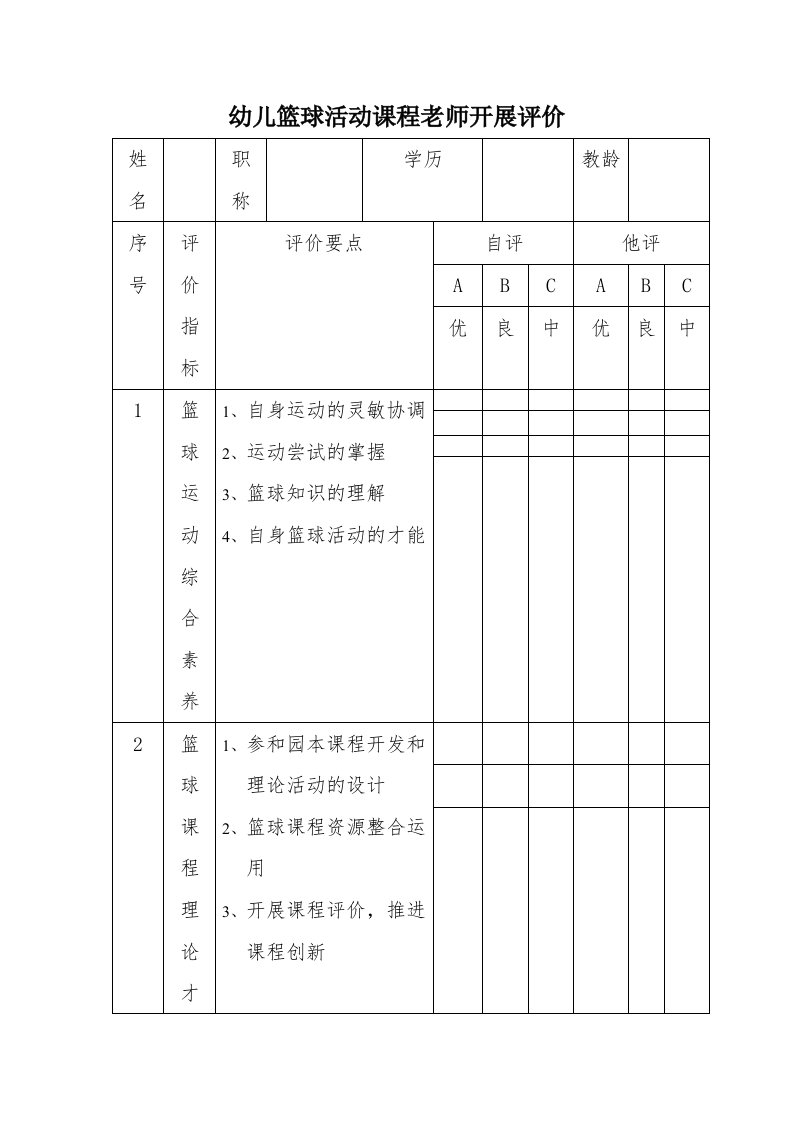 幼儿篮球活动课程教师发展评价