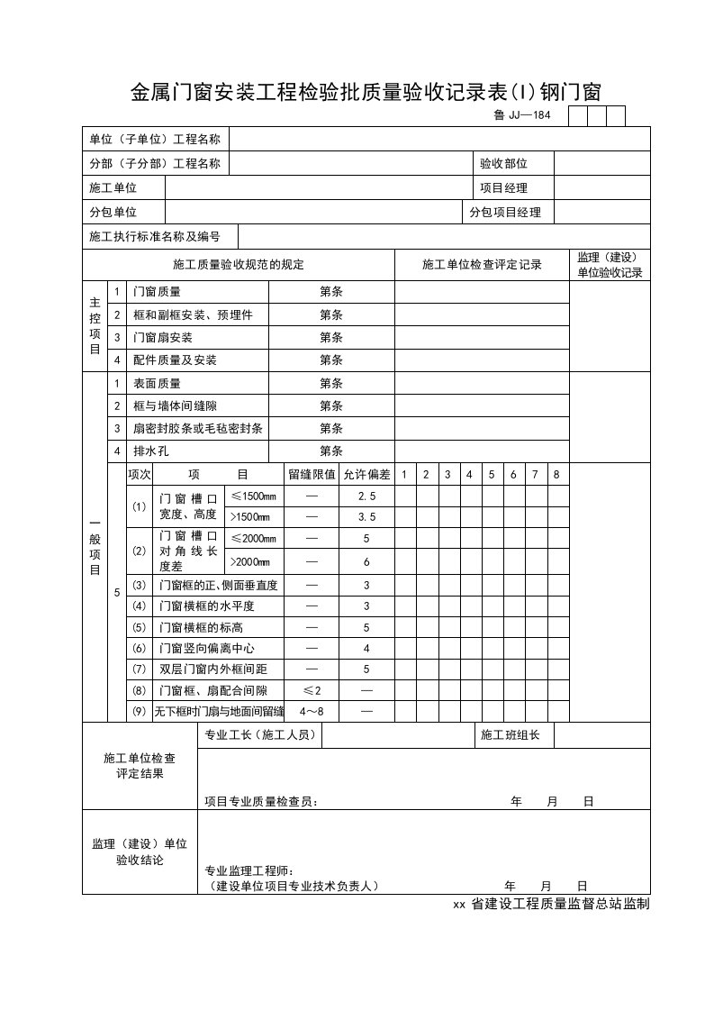 金属门窗安装工程检验批质量验收记录表(Ⅰ)钢门窗