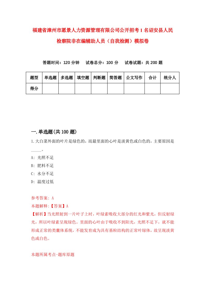 福建省漳州市愿景人力资源管理有限公司公开招考1名诏安县人民检察院非在编辅助人员自我检测模拟卷第0卷