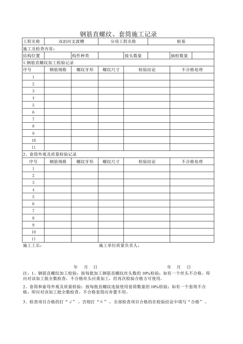 钢筋直螺纹、套筒施工记录