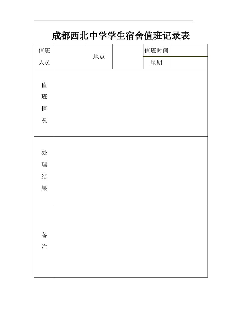 成都西北中学学生宿舍值班记录表