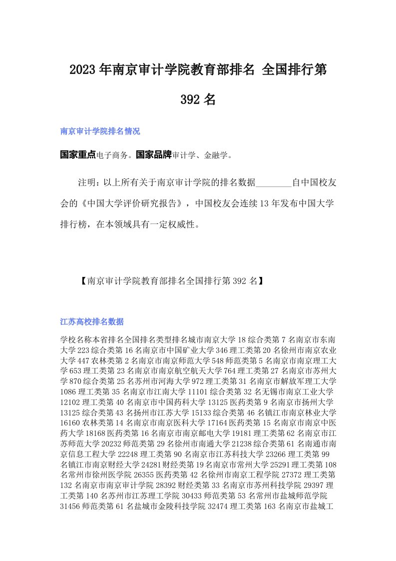 2023年南京审计学院教育部排名