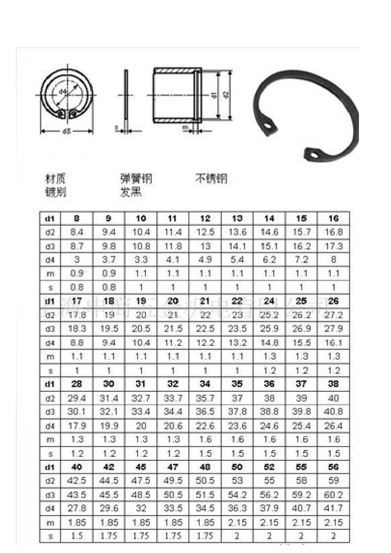 常用孔轴卡簧规格尺寸