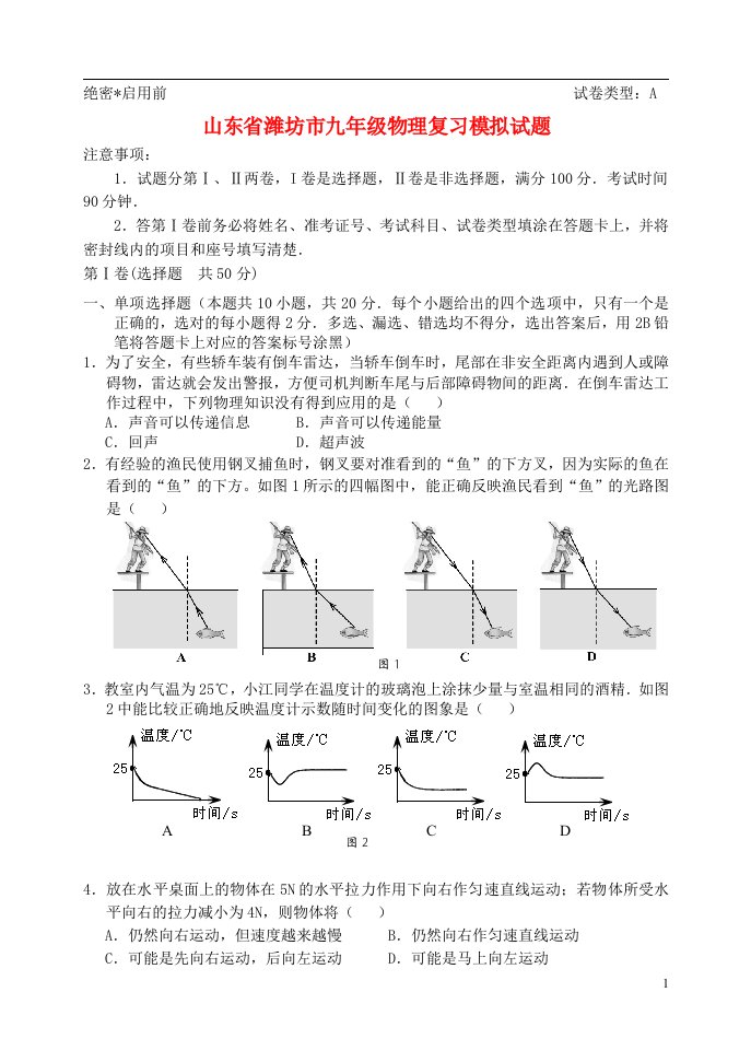 山东省潍坊市九级物理复习模拟试题