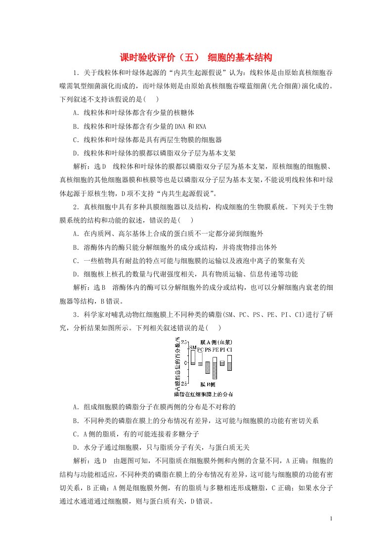 新课标2023版高考生物一轮总复习课时验收评价五细胞的基本结构