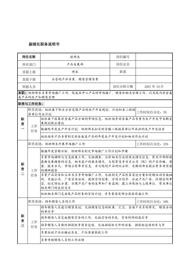 航材院产品发展部副部长职务说明书