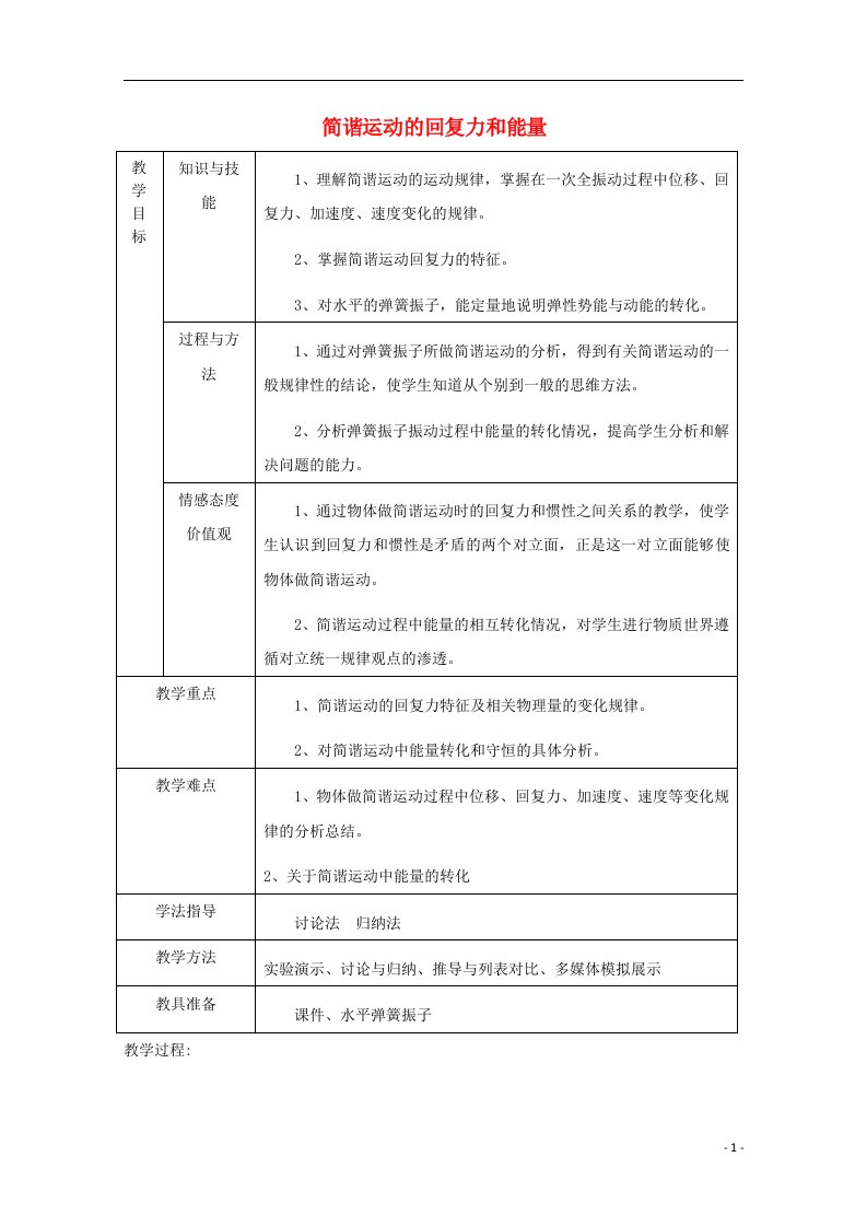 2020_2021学年高中物理第十一章机械振动3简谐运动的回复力和能量教案3新人教版选修3_4