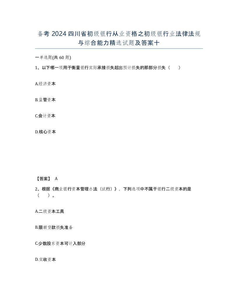 备考2024四川省初级银行从业资格之初级银行业法律法规与综合能力试题及答案十