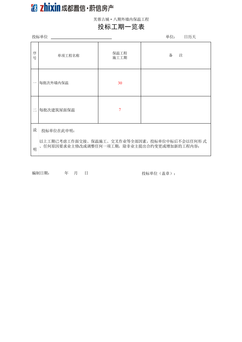 物业资料之投标工期表(招标文件)模板