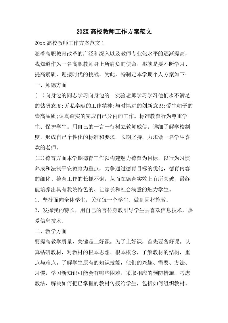 高校教师工作计划范文