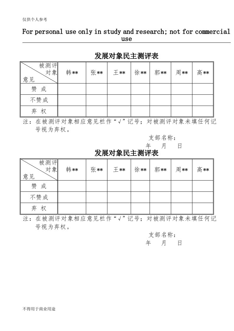 发展对象民主测评表(票)