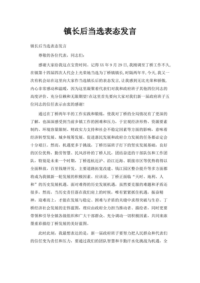 镇长后当选表态发言