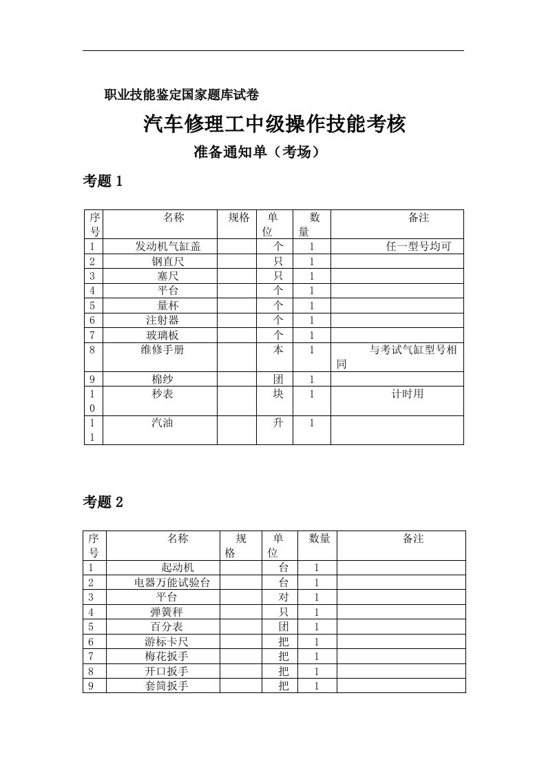 汽车修理工中级技能考核(实操)模拟试题