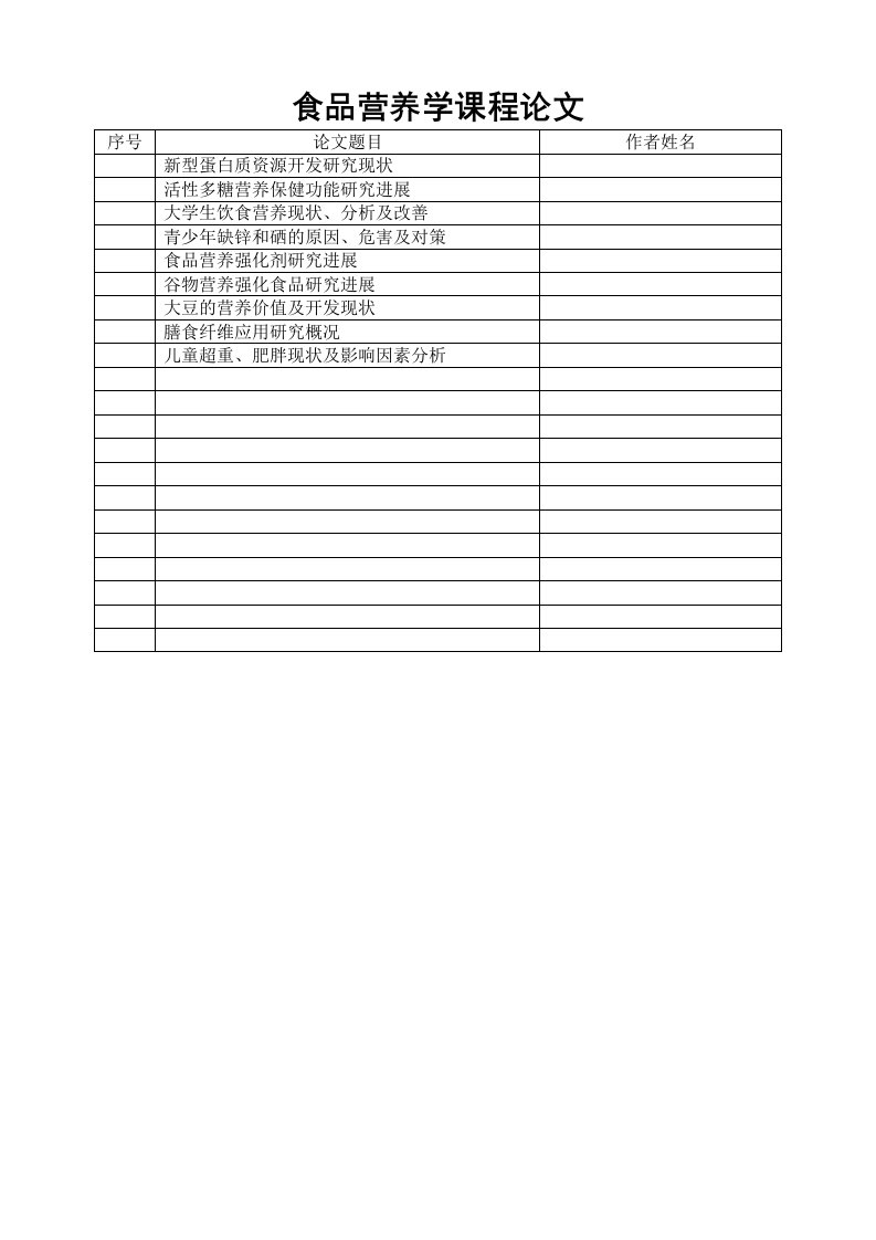 食品营养学课程论文题目