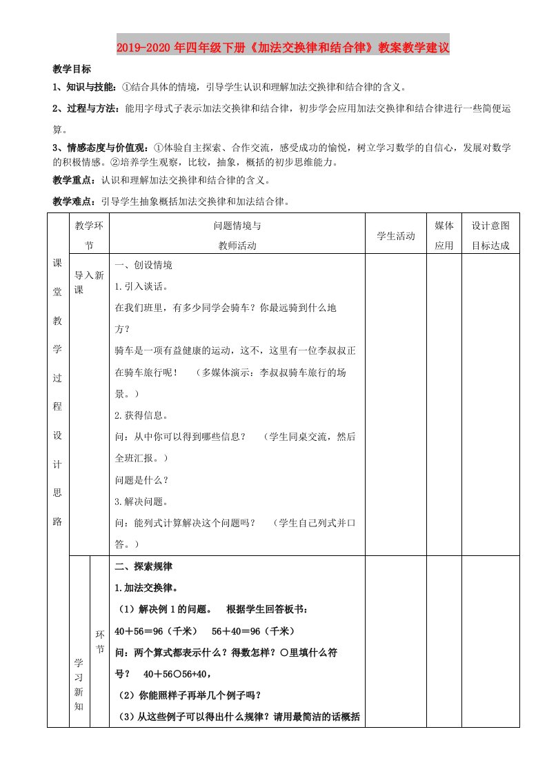 2019-2020年四年级下册《加法交换律和结合律》教案教学建议