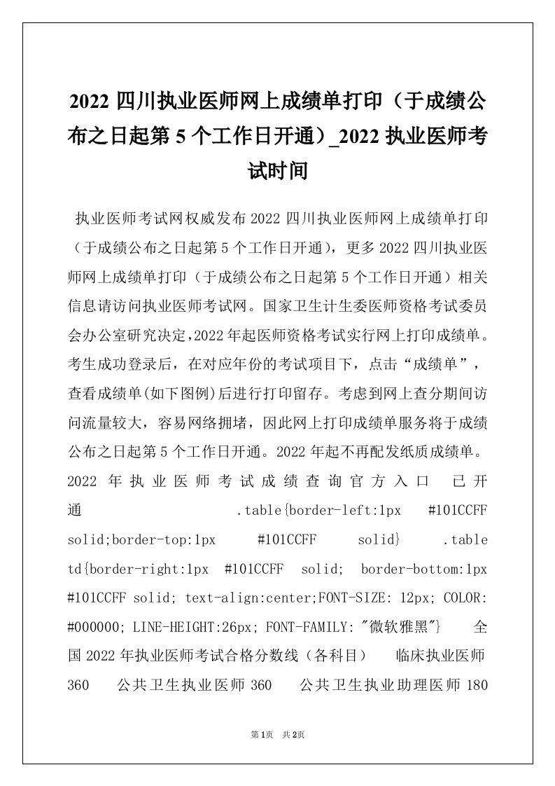 2022四川执业医师网上成绩单打印（于成绩公布之日起第5个工作日开通）