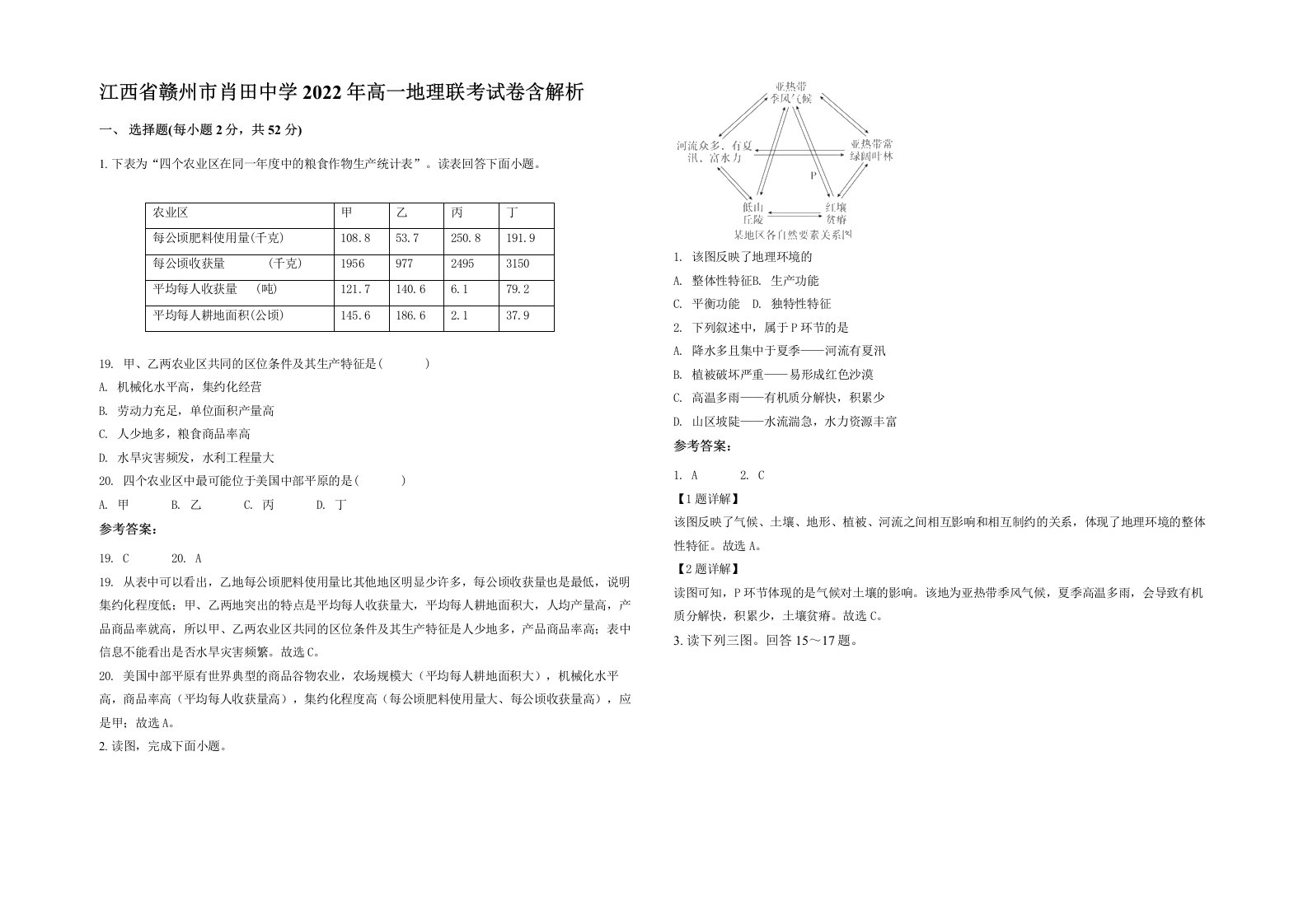 江西省赣州市肖田中学2022年高一地理联考试卷含解析