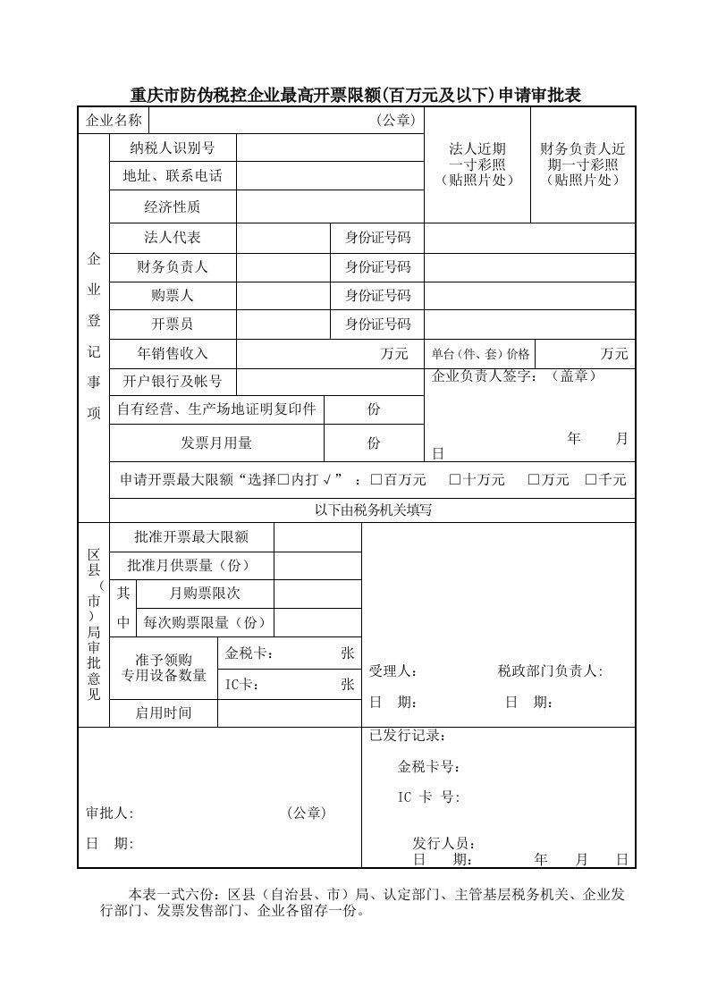 重庆市防伪税控企业最高开票限额(百万元及以下)申请审批表