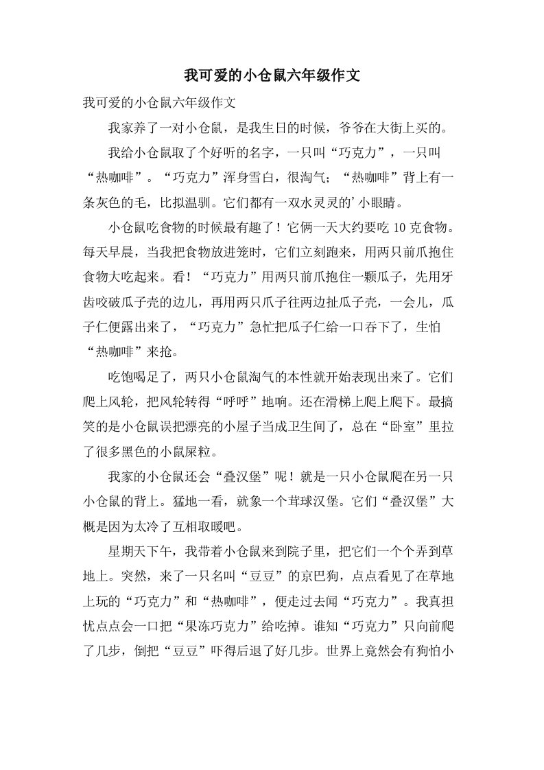 我可爱的小仓鼠六年级作文