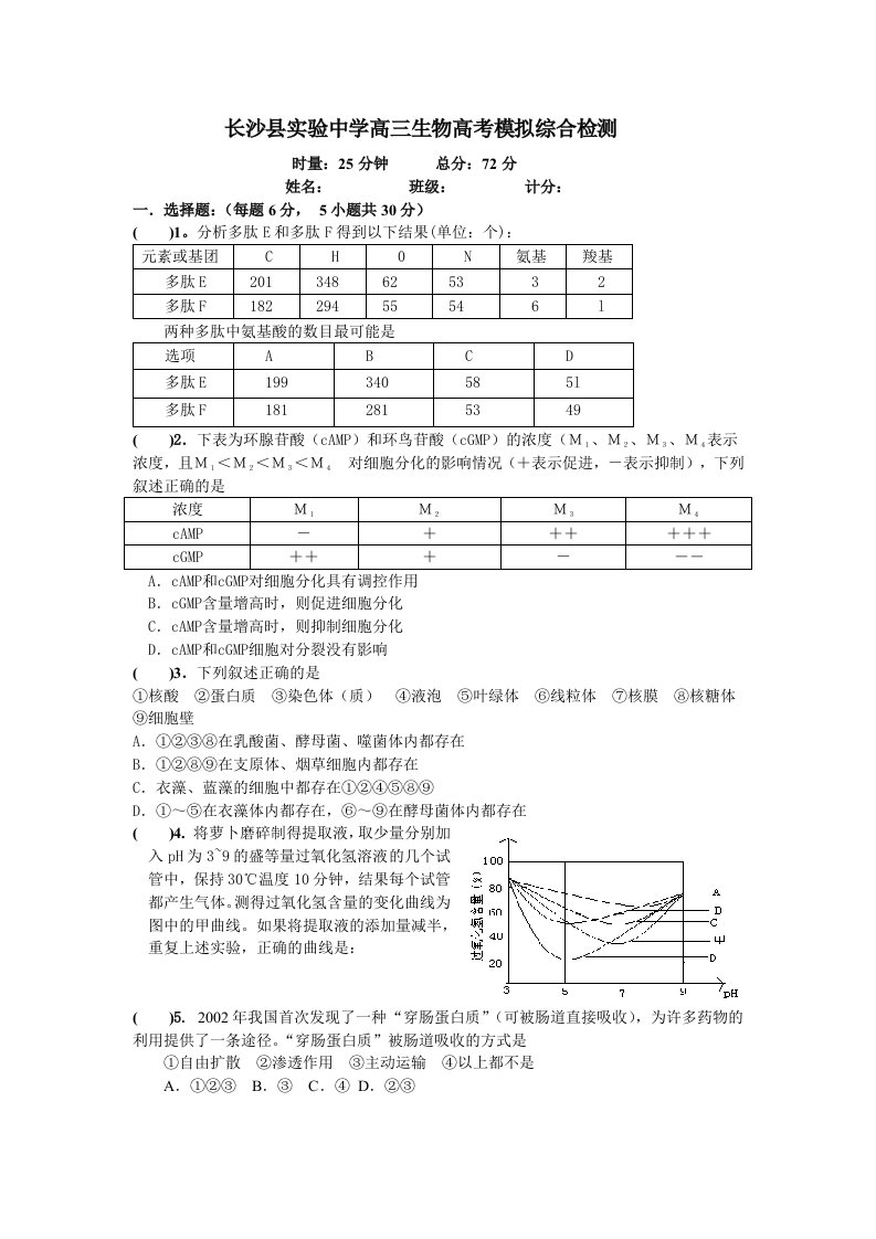 长沙县实验中学高三生物高考模拟综合检测