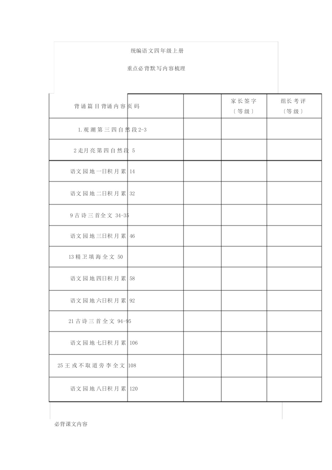 人教版四年级语文上册必背内容