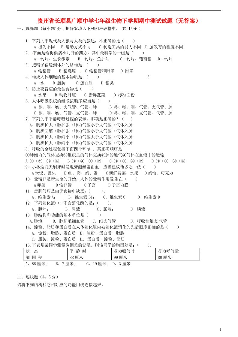 贵州省长顺县广顺中学七级生物下学期期中测试试题（无答案）