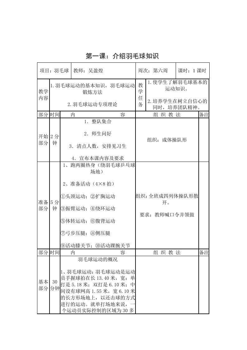 羽毛球课程优秀教案全