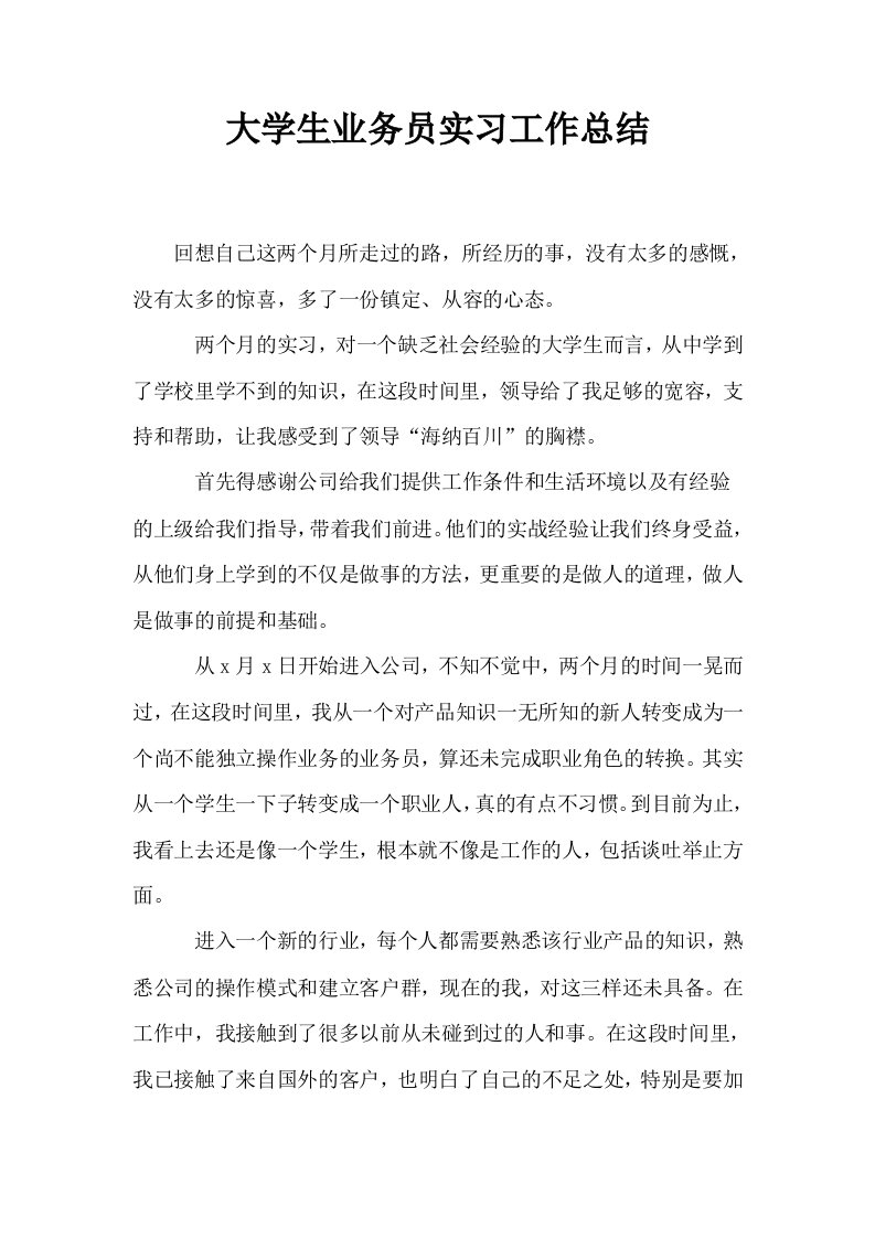 大学生业务员实习工作总结