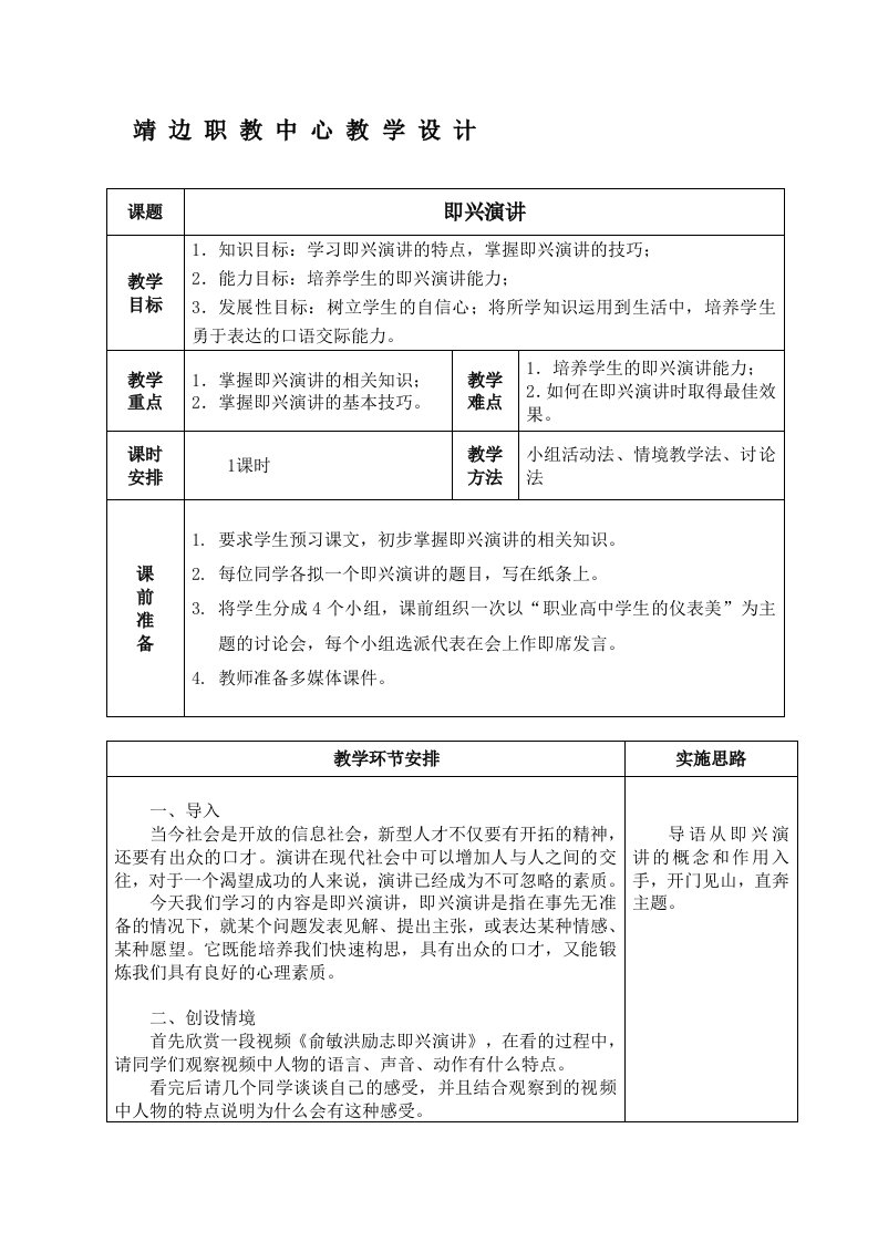 《即兴演讲》教学教案