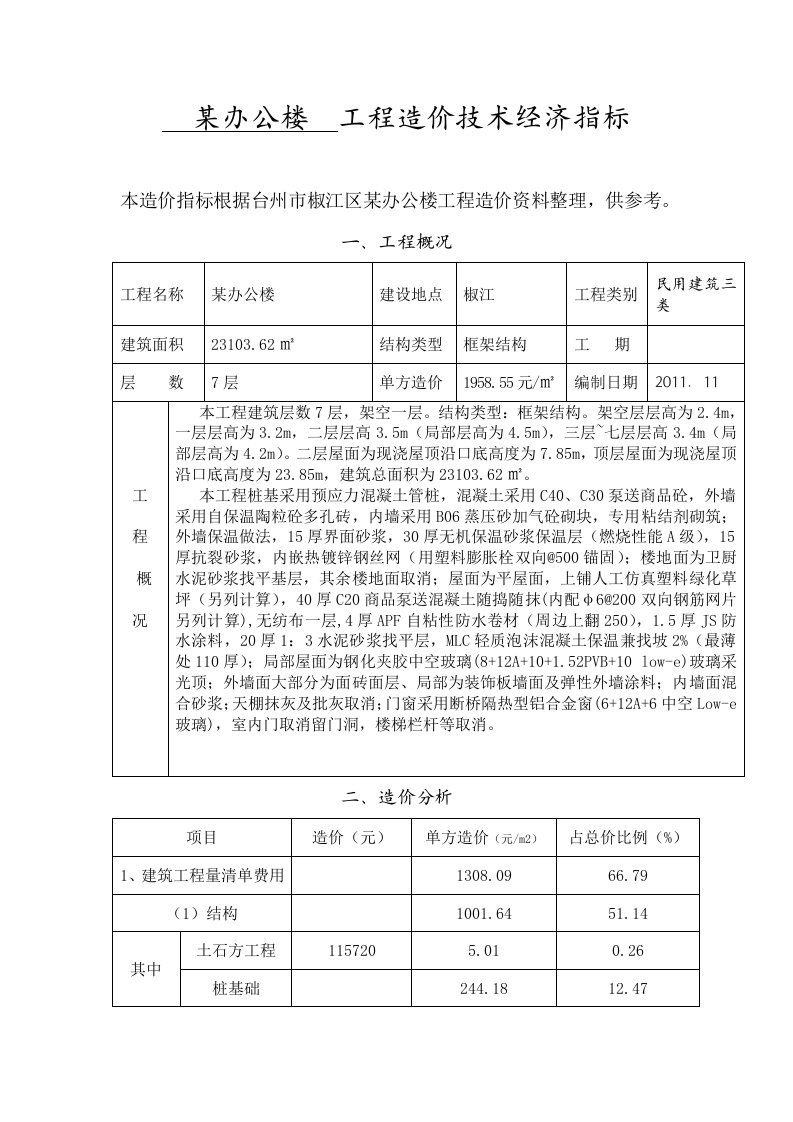 某办公楼工程造价技术经济指标